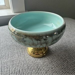 Vintage Delft Holland Brass Marbled Teal Hand-Painted Pedestal Bowl - Mid-Cent